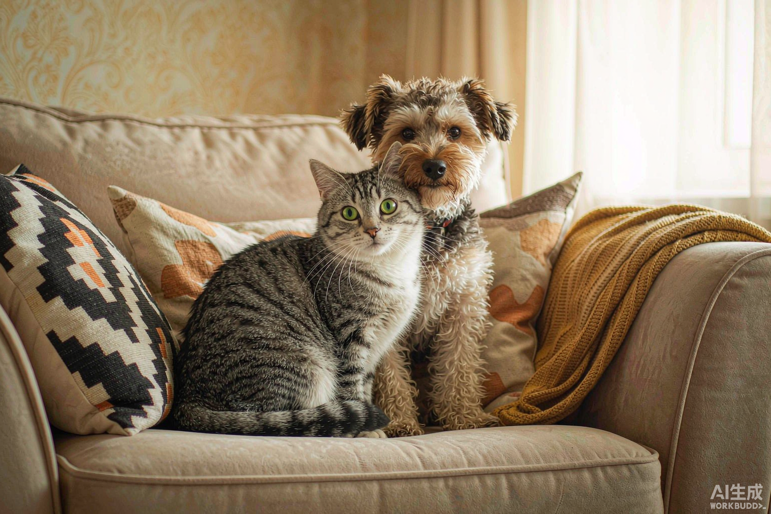 A cat and a dog sitting together peacefully on a couch