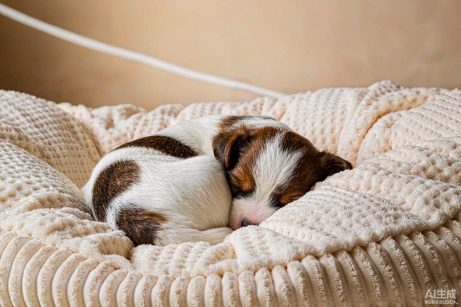 A peaceful sleeping puppy curled up in a cozy blanket