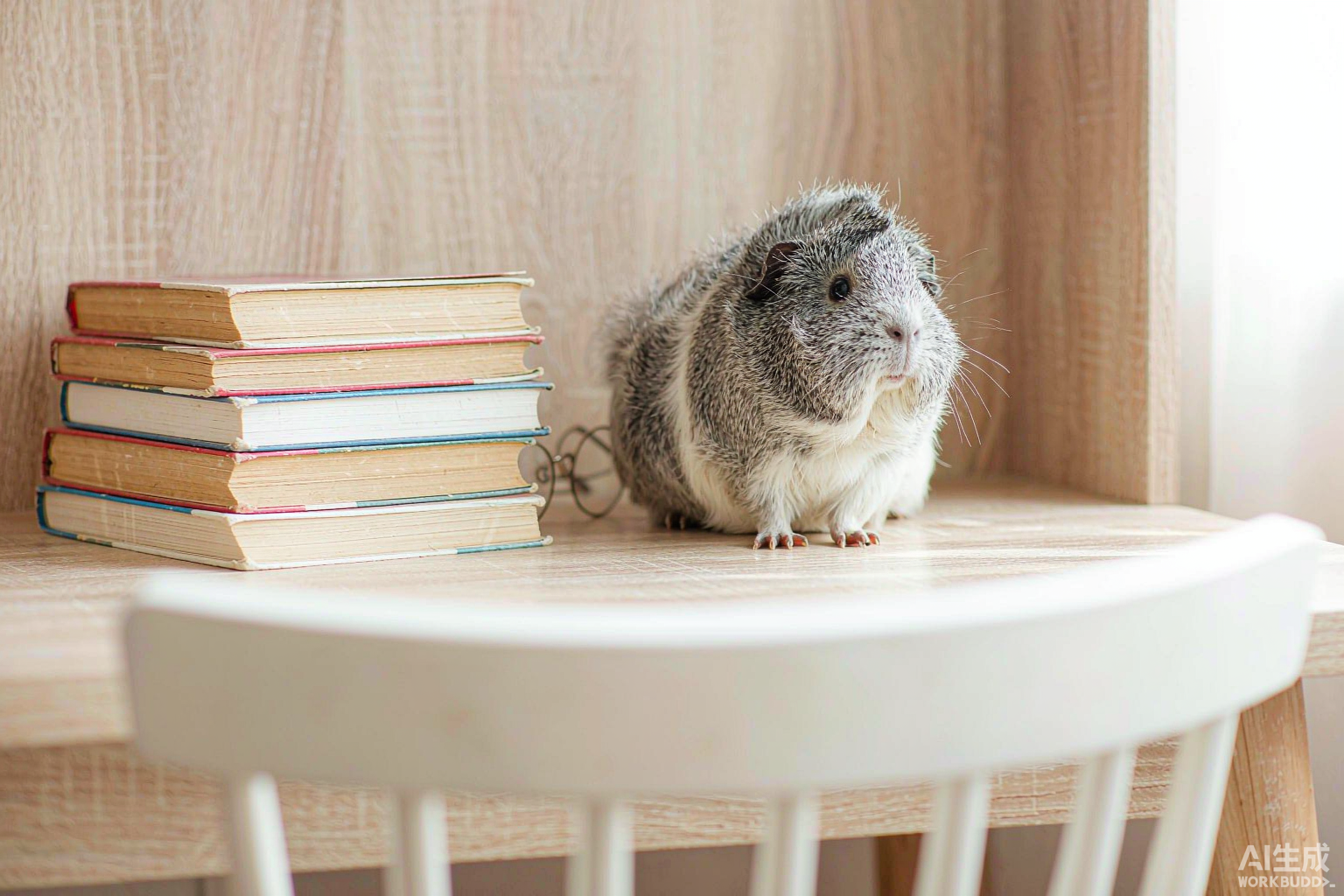 A calm guinea pig sitting next to a stack of books